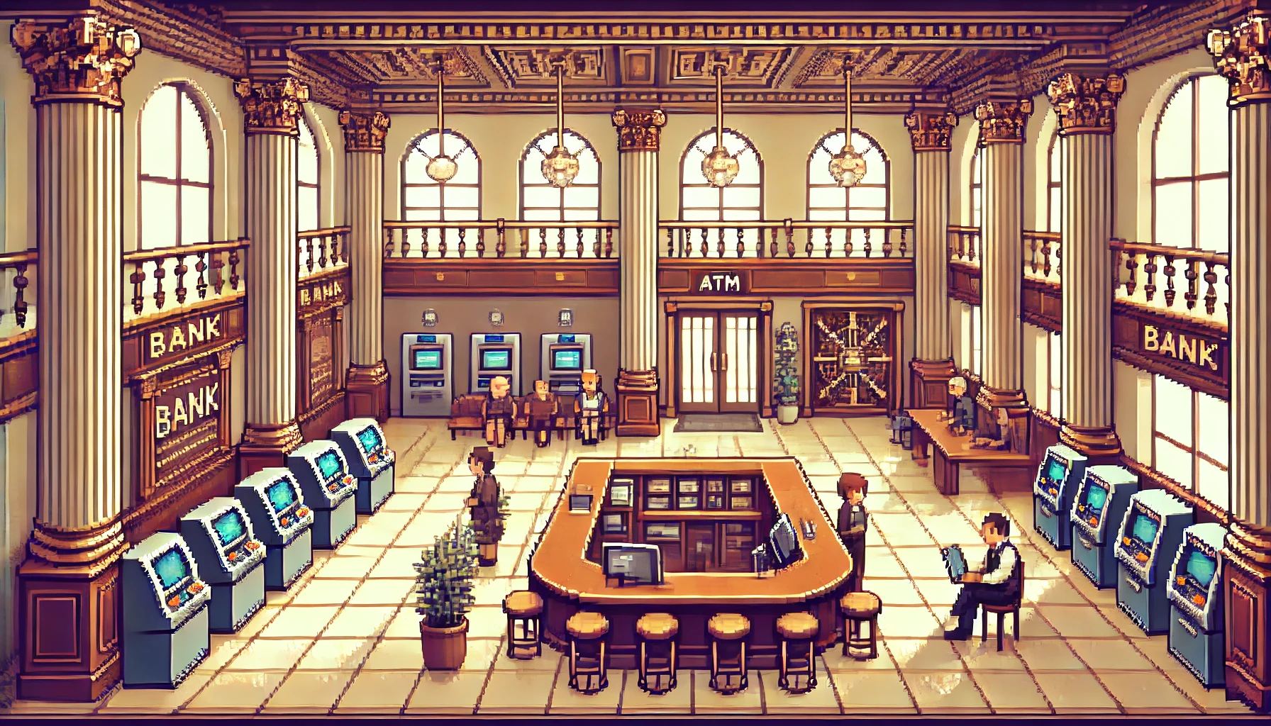 DALL·E 2024-10-21 14.05.38 – A pixel art scene of a bank interior, featuring a spacious, modern layout. The room is filled with rich details such as wooden counters, large vault d.webp